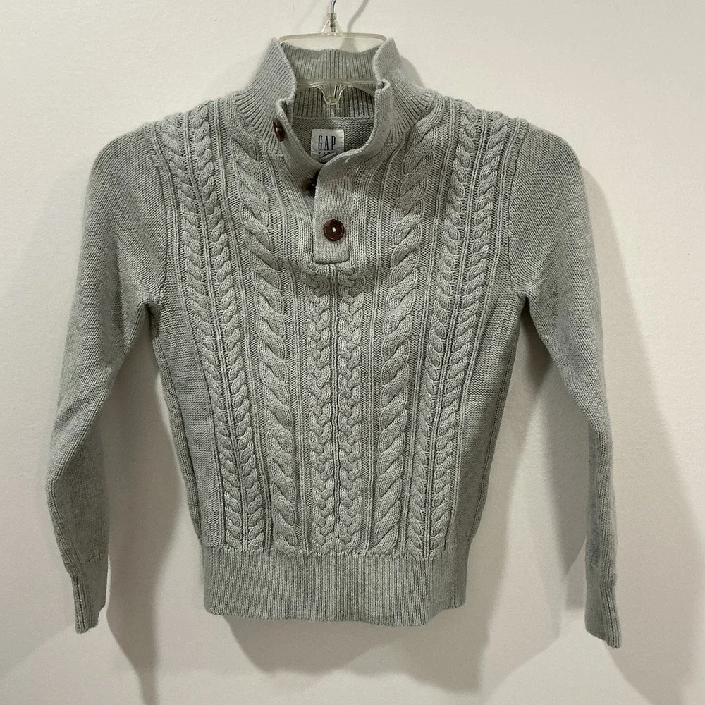 GAP Kids Boys 8 Chunky Cable Knit‎ Fisherman Mock Neck Button Up Sweater Gray